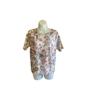 Andrew Marc Floral Print Short Sleeve Top Crew Neck Comfy Casual S